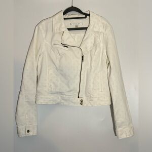 White jean jacket with muted polka dot pattern